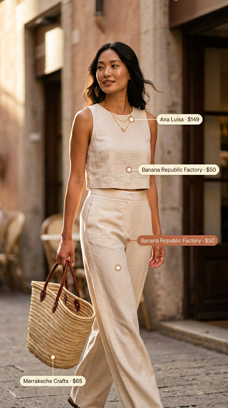 Neutral summer capsule outfit for women 2026: Cream linen set with tan slides and straw tote for beach brunch.