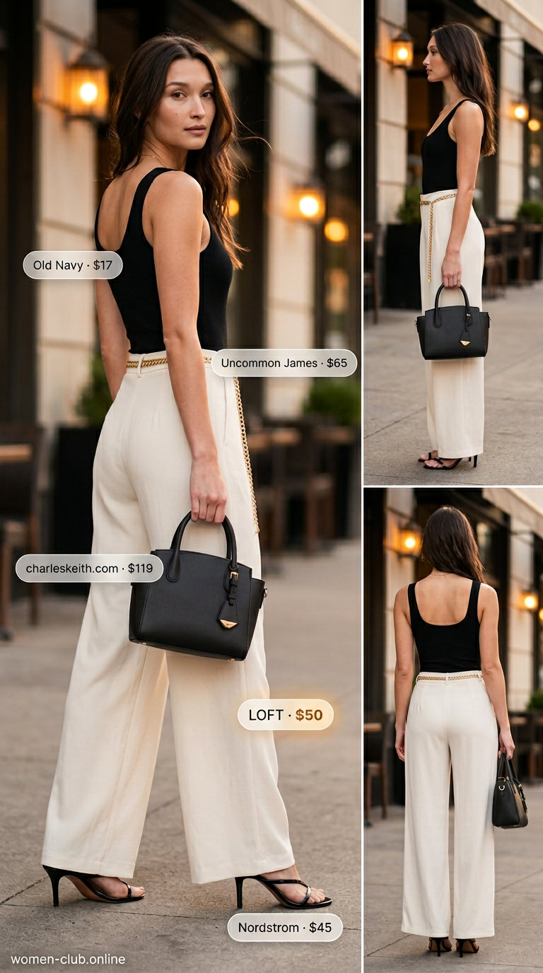 Neutral summer capsule outfits for women 2026: Cream palazzo pants with black bodysuit and heels for an elegant evening out.