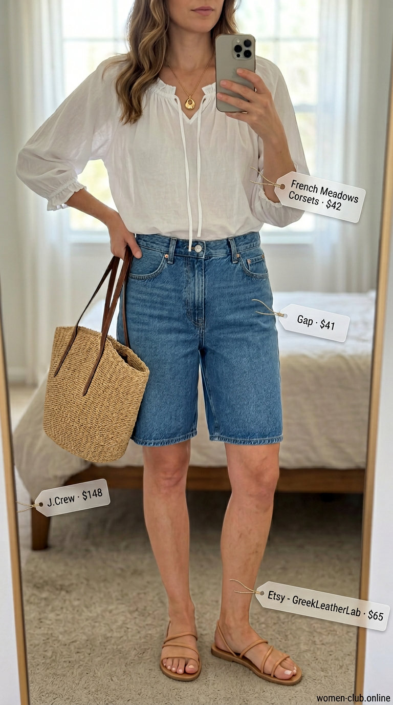 Neutral summer capsule outfit: white peasant blouse, denim shorts, tan sandals, straw tote. Casual festival look.