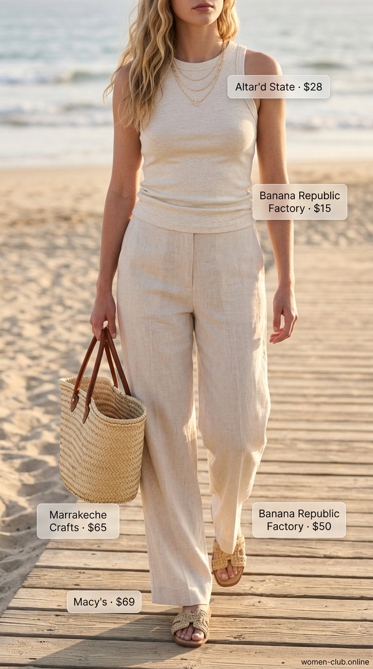 Neutral summer capsule outfits for women 2026: Ecru linen pants and beige tank with straw accessories for vacation resort wear.