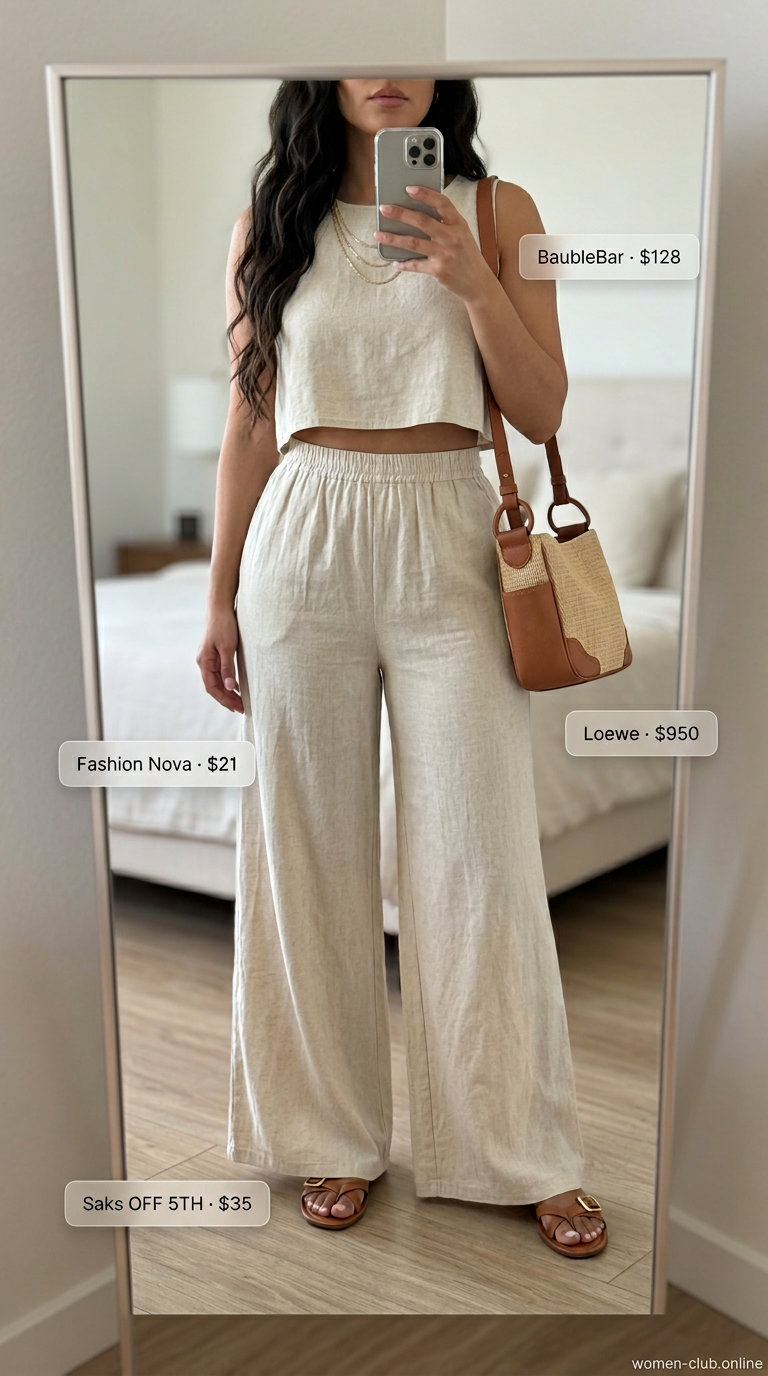 Neutral summer capsule outfit: linen set, beige pants, cream tank, tan slides, straw bag. Coastal vacation style.