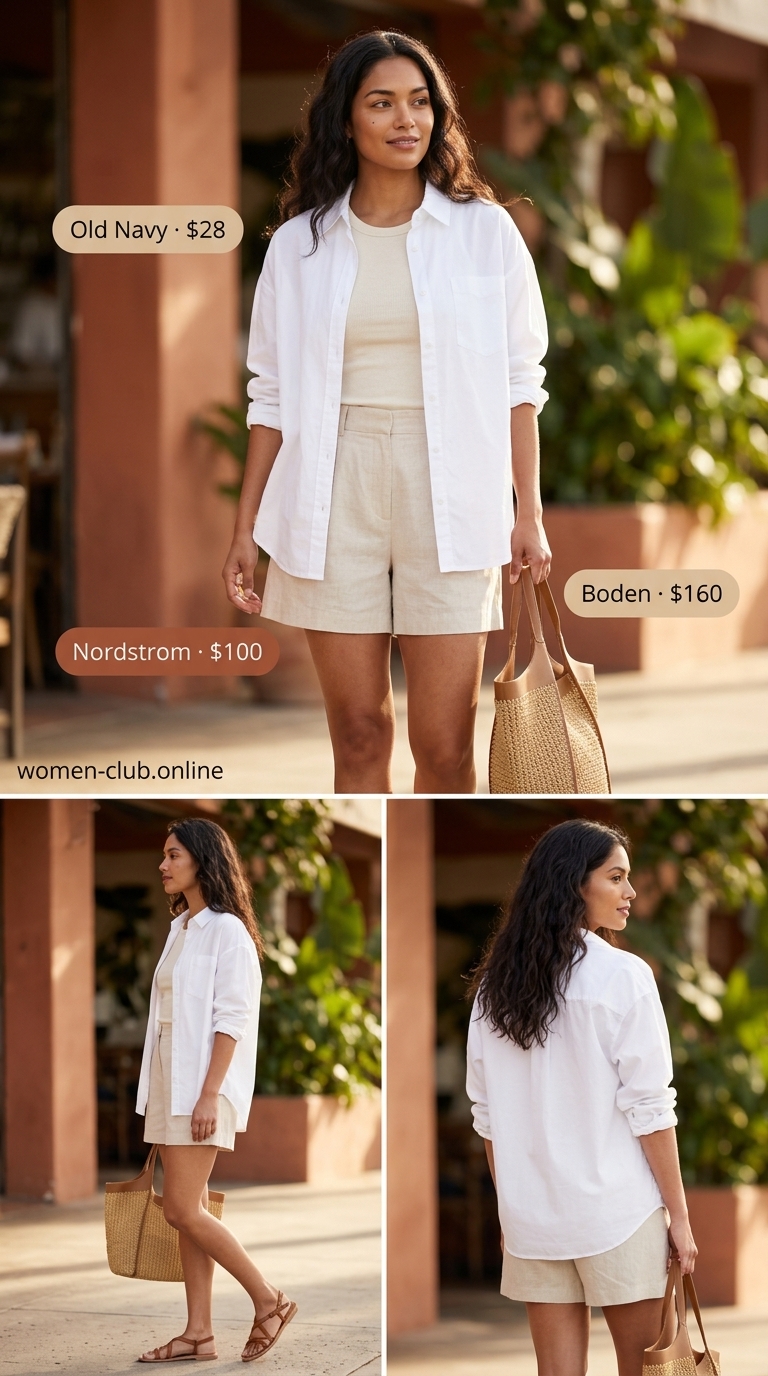 Neutral summer capsule outfit: oversized white shirt, beige shorts, tan sandals, straw tote. Effortless chic style.