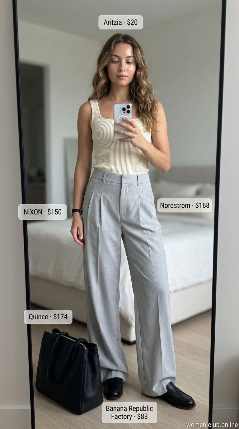 Neutral summer capsule outfit: grey trousers, cream tank, black loafers, black tote. Sophisticated smart casual look.