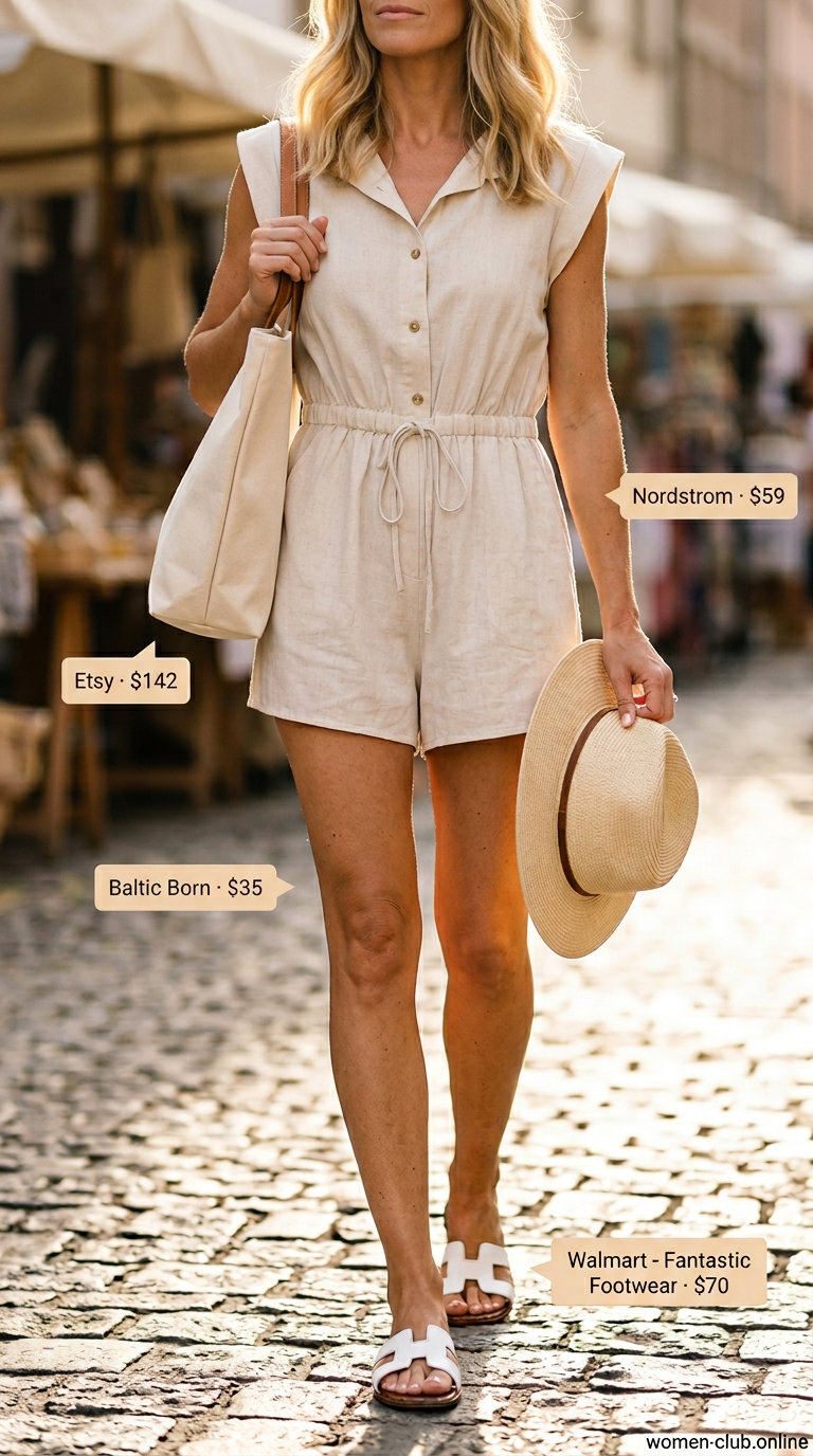 Neutral summer capsule outfits for women 2026: Tan linen romper with white slides and straw hat for casual daytime.
