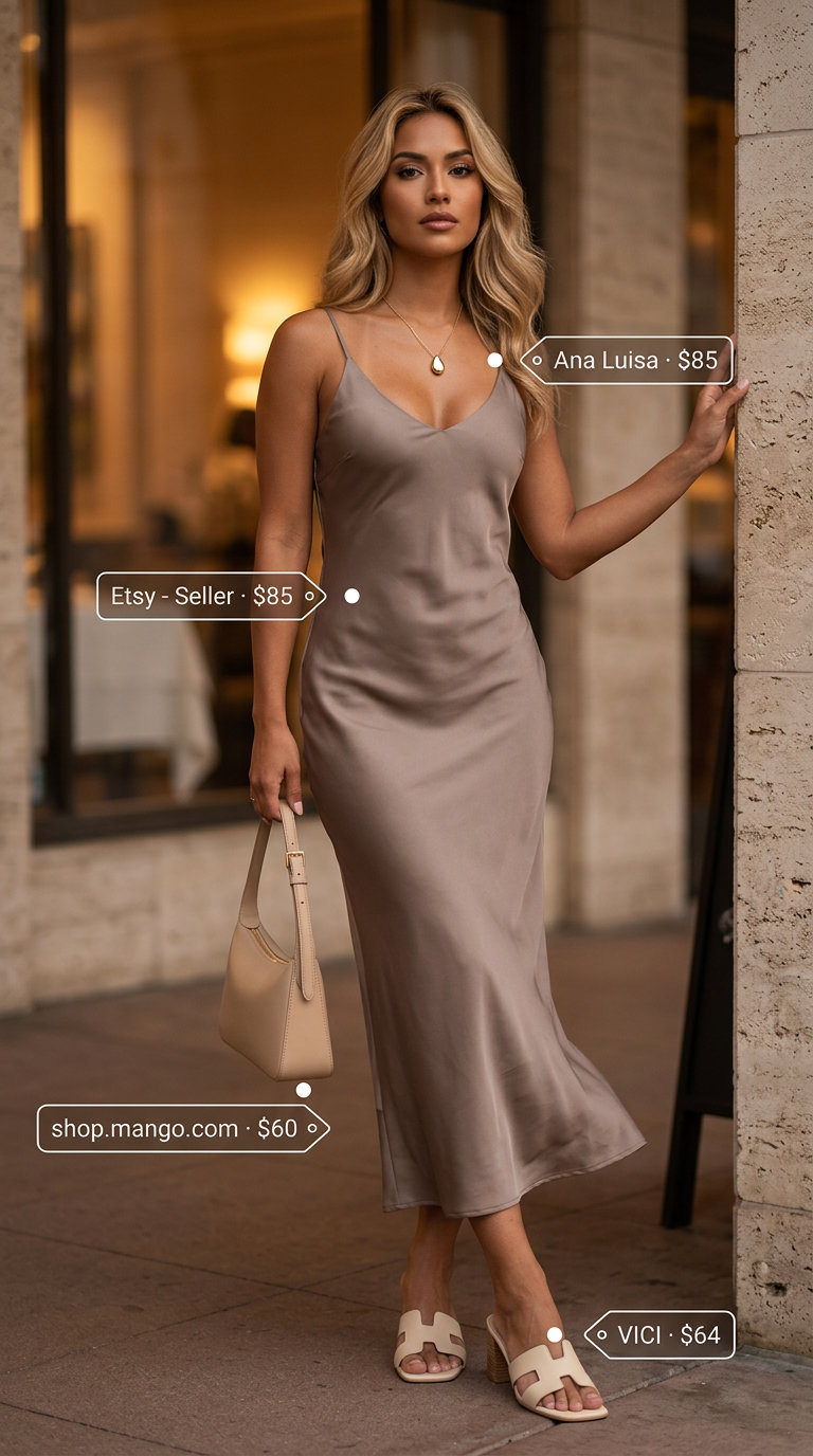 Neutral summer capsule outfits for women 2026: Taupe satin slip dress with heeled mules and beige bag for evening out.