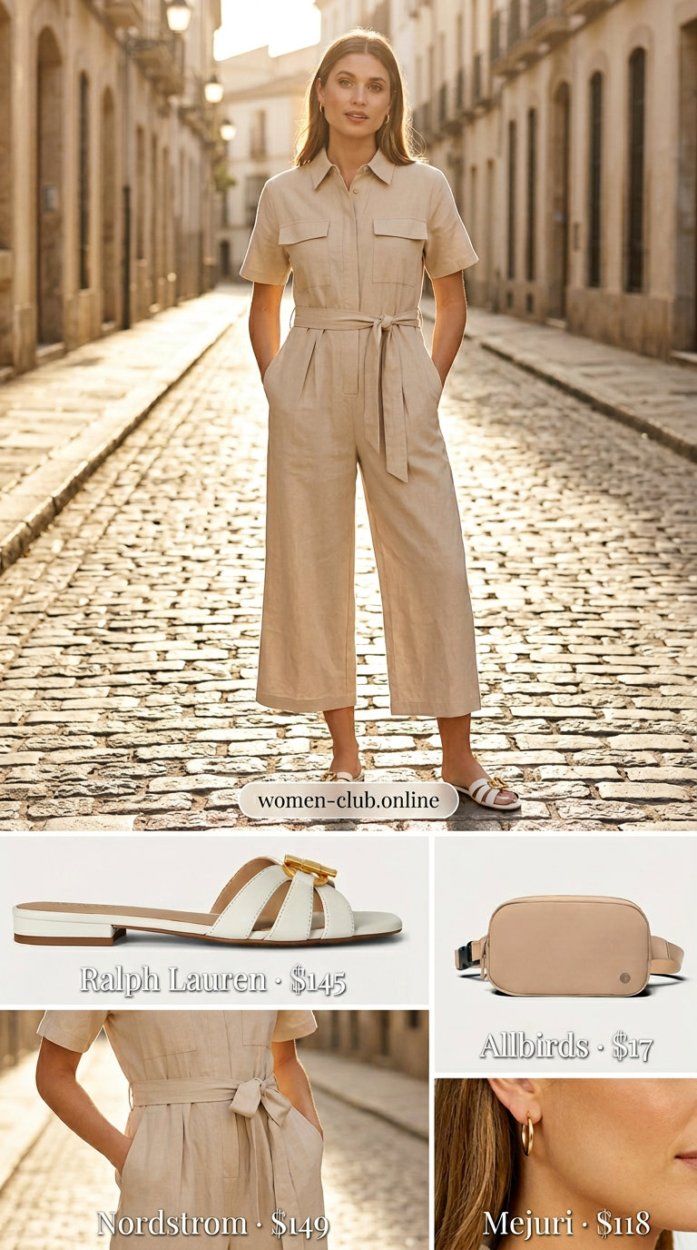 Neutral summer capsule outfit: khaki utility jumpsuit, cream slides, tan belt bag, gold hoops. Effortless casual style.