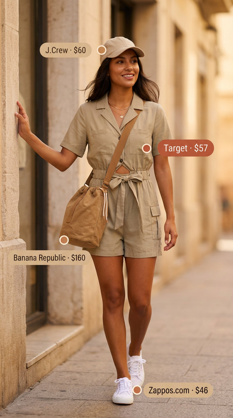 Neutral summer capsule outfit: khaki utility romper, white sneakers, tan crossbody bag, baseball cap. Ideal for travel.
