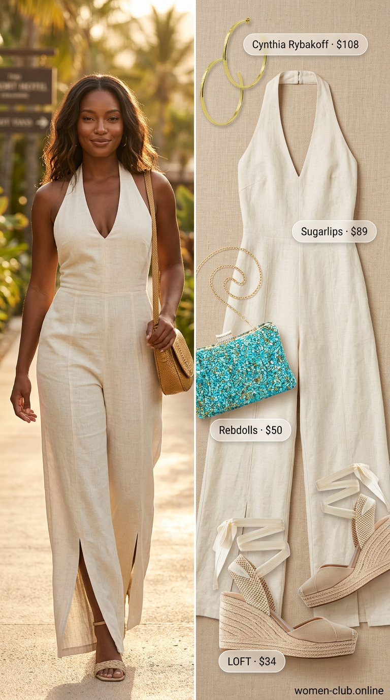 Bohemian resort glamour: White linen jumpsuit for women 2026, perfect for vacation evenings and beach clubs.