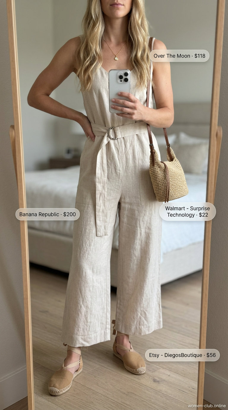 Coastal serenity brunch: Beige linen jumpsuit for women 2026, perfect for weekend brunches and casual days.