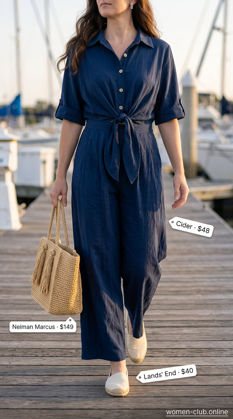 Coastal granddaughter casual: Navy linen jumpsuit for women 2026, perfect for seaside lunches and boat trips.