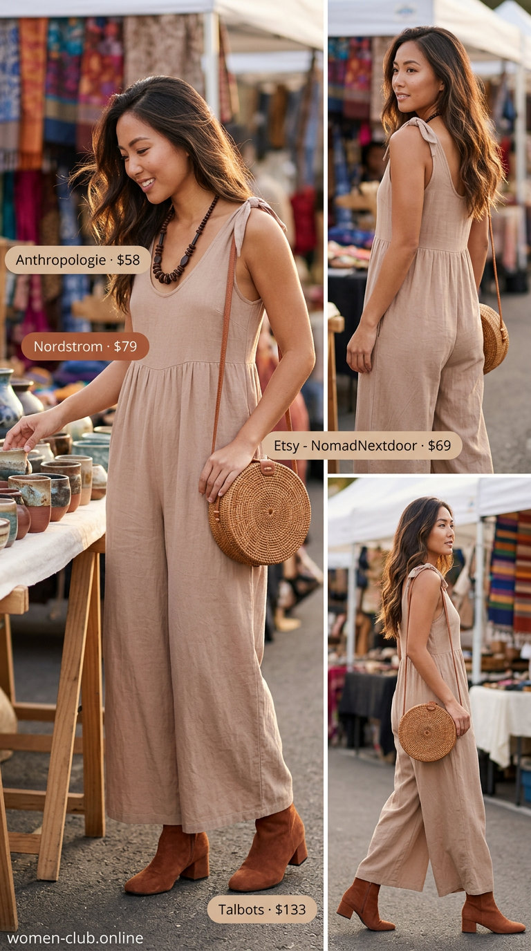 Desert sands bohemian: Sand beige linen jumpsuit for women 2026, perfect for festivals and farmers markets.