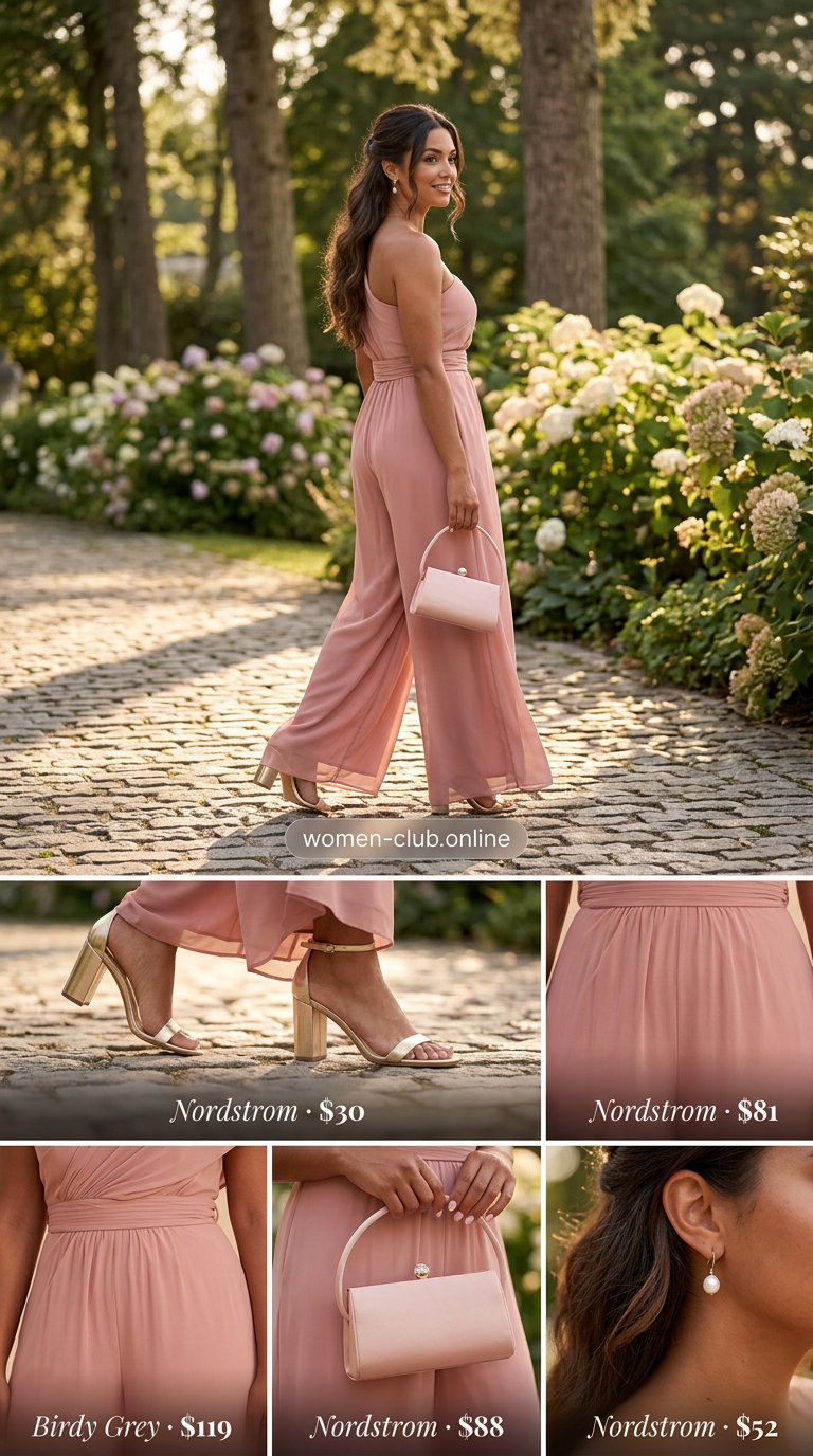 Romantic garden soiree: Dusty rose linen jumpsuit for women 2026, ideal for summer parties and outdoor weddings.
