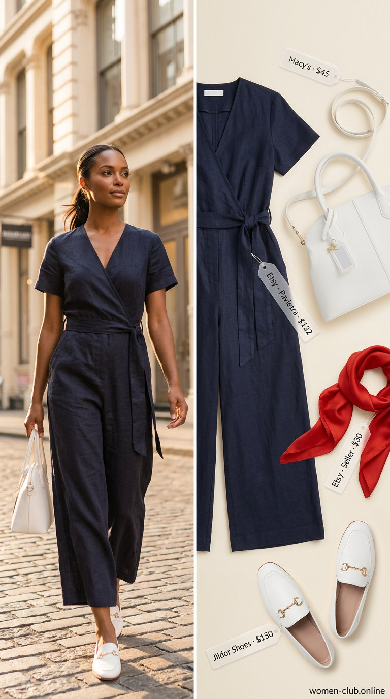 Nautical office day: Navy linen jumpsuit for women 2026, perfect for business casual and networking events.