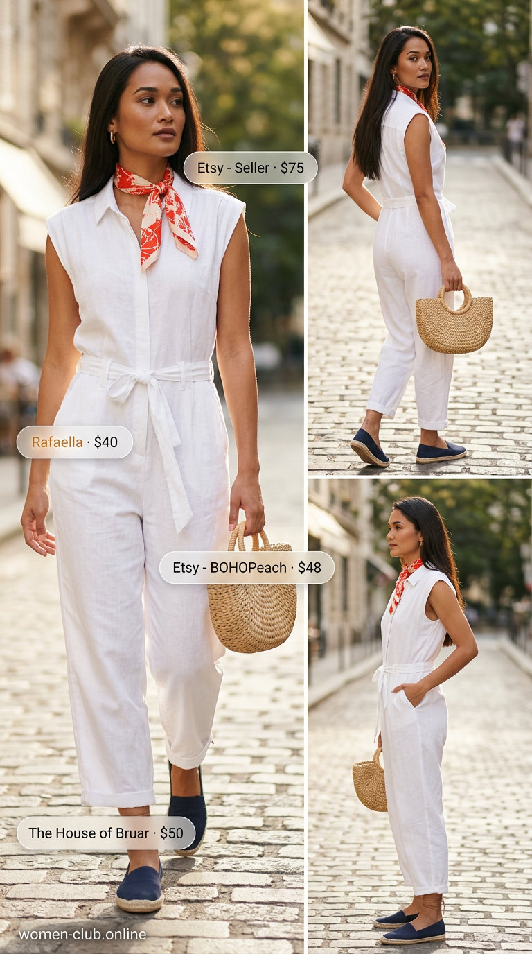 Parisian getaway: White linen jumpsuit for women 2026, perfect for sightseeing and casual lunches.