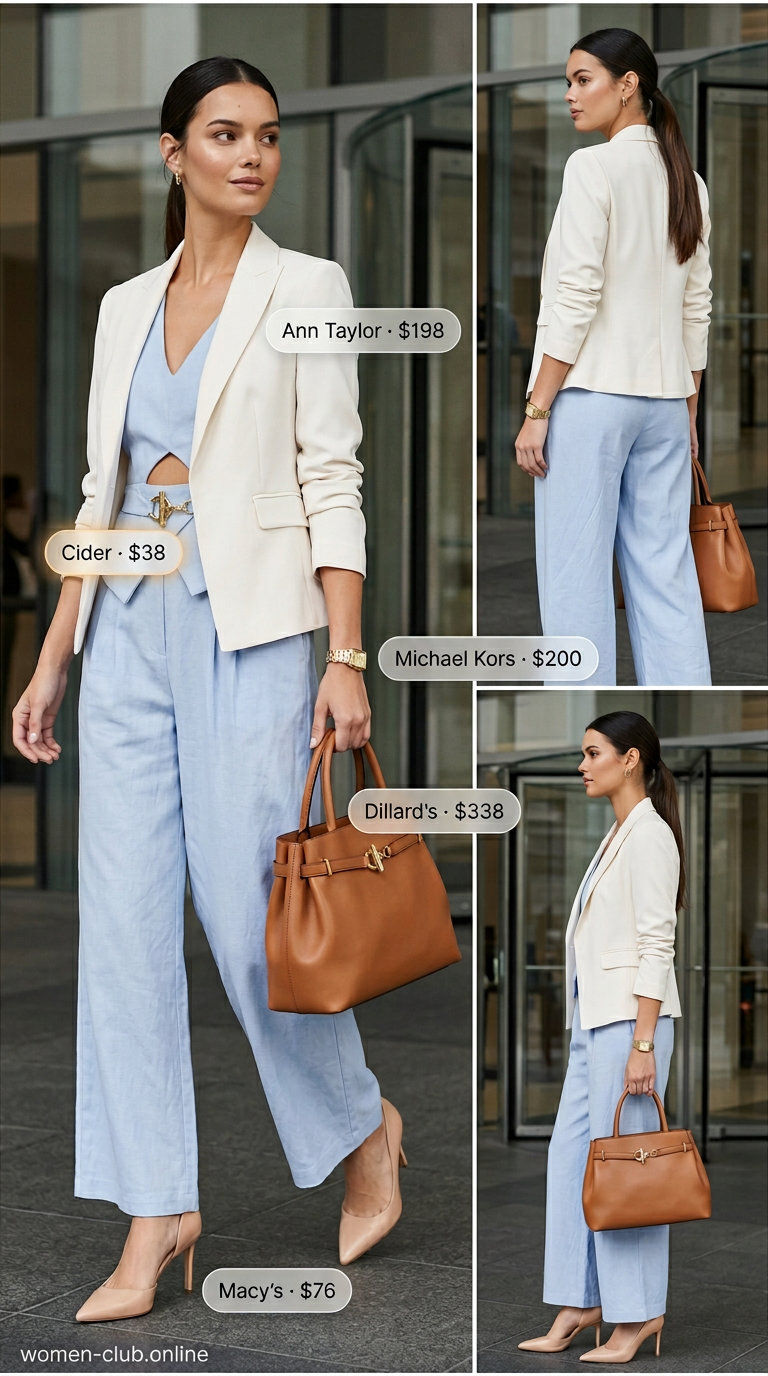 Neutral summer linen jumpsuit for women 2026 in light blue, styled for work with a cream blazer and tan satchel.
