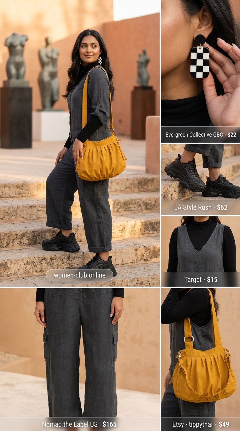 Neutral summer linen jumpsuit for women 2026 in charcoal grey, styled for an art walk with platform sneakers.