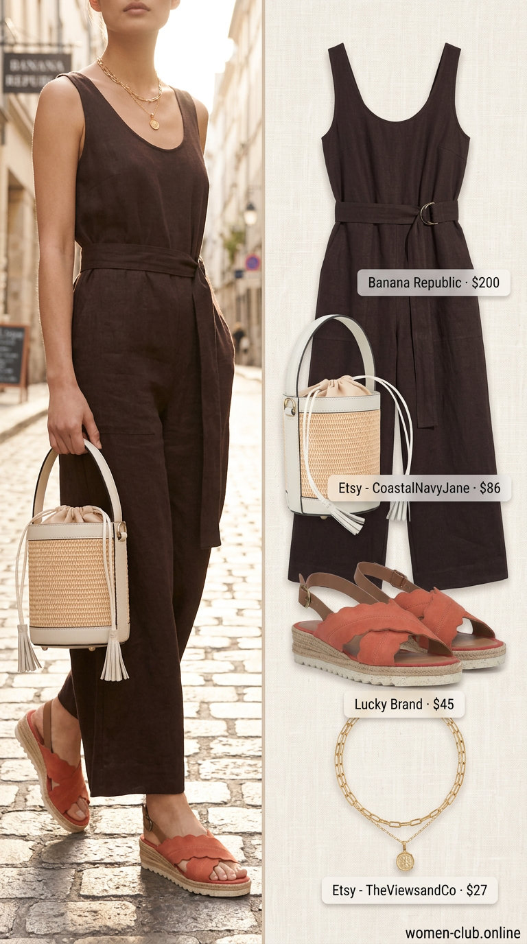 Neutral summer linen jumpsuit for women 2026 in tan, styled for a casual gathering with espadrilles and layered necklaces.
