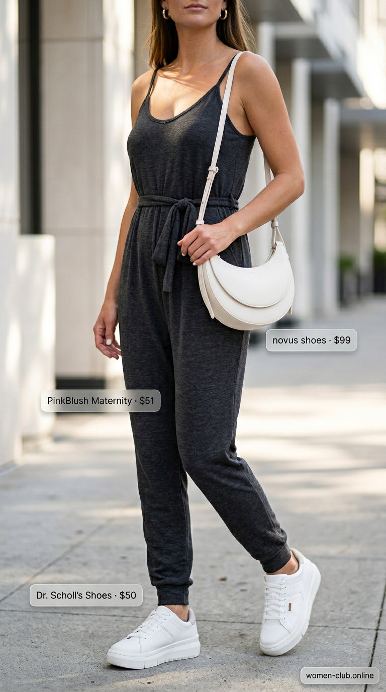 Neutral summer linen jumpsuit for women 2026 in charcoal grey, styled for a city stroll with sneakers and silver earrings.
