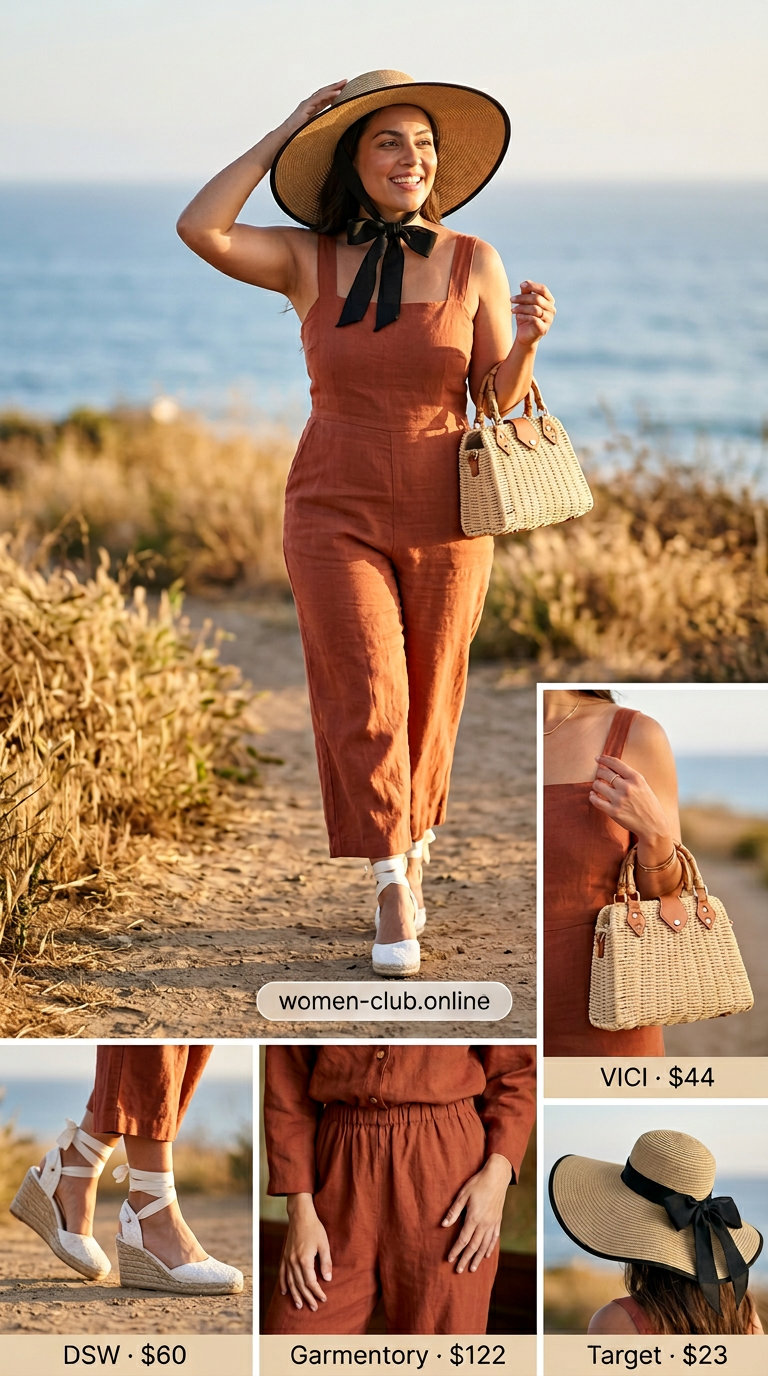Neutral summer linen jumpsuit for women 2026 in terracotta, styled for a retro picnic with a straw hat and wedges.