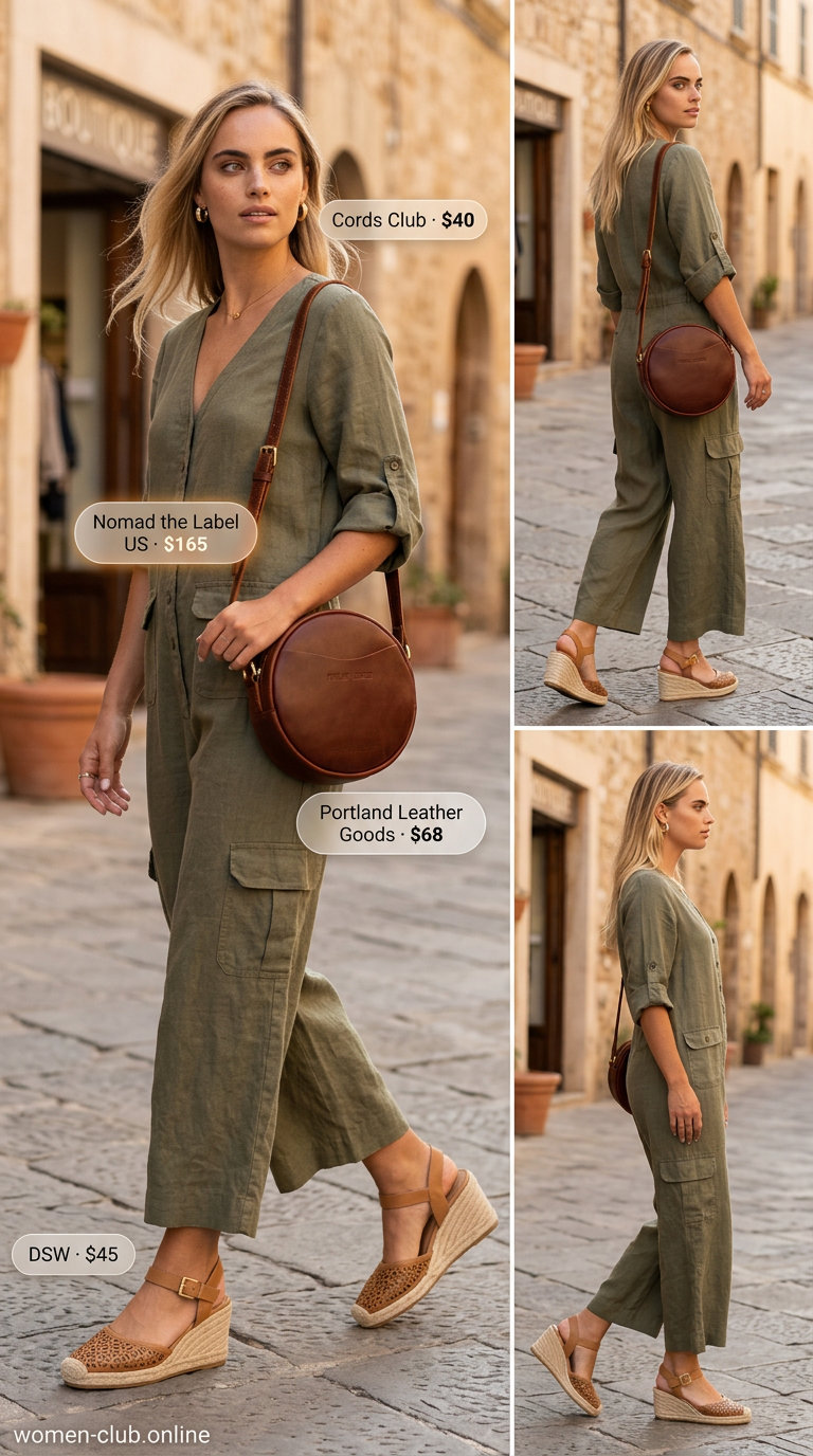 Neutral summer linen jumpsuit for women 2026 in olive green, styled for a safari sundowner with espadrilles.