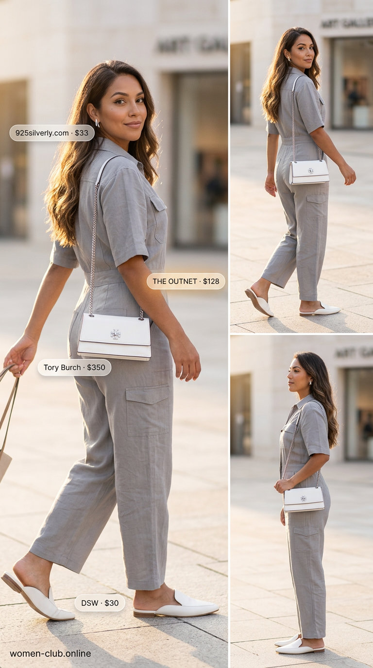 Neutral summer linen jumpsuit for women 2026 in soft grey, styled for a city dinner with white mules and a shoulder bag.