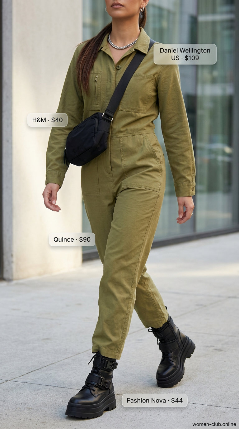 Neutral summer linen jumpsuit for women 2026 in khaki green, styled for city exploration with combat boots.