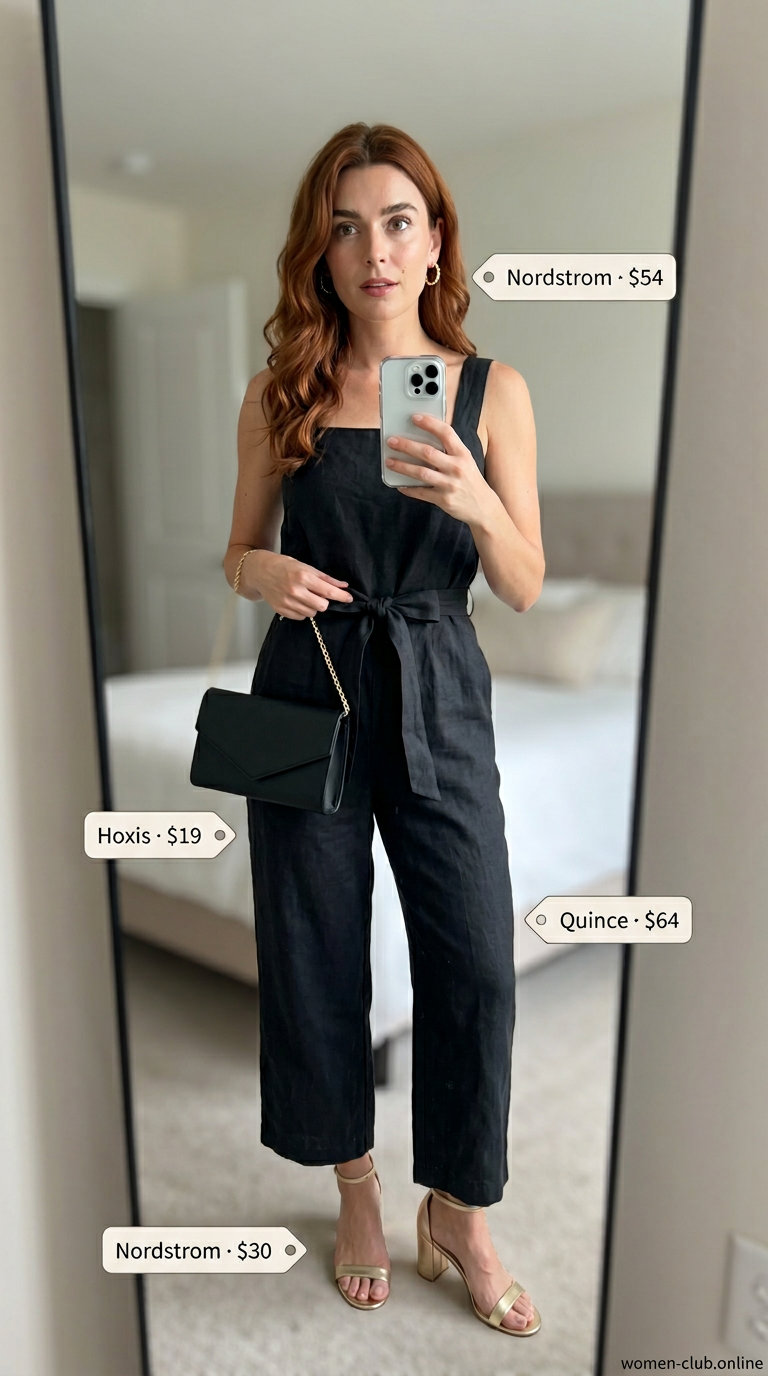 Elegant black neutral summer linen jumpsuit for women 2026, styled with gold sandals for an evening event.