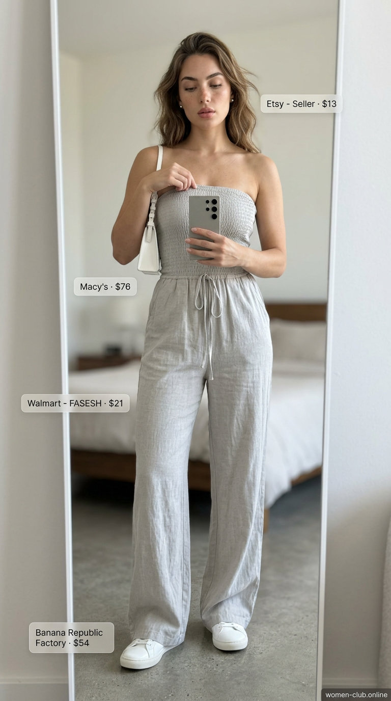 Minimalist light grey neutral summer linen jumpsuit for women 2026, with white sneakers and silver accessories.