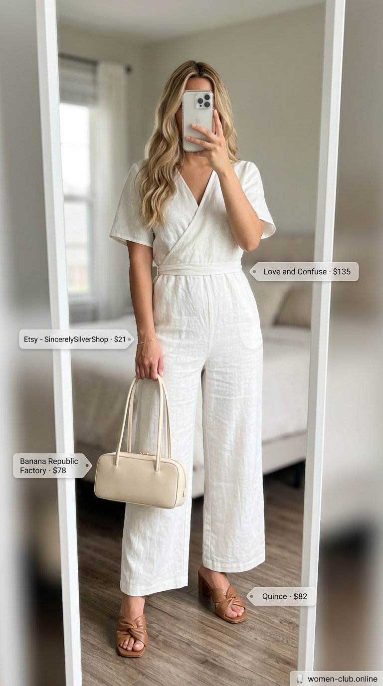 Chic ivory neutral summer linen jumpsuit for women 2026, paired with tan mules and a cream bag for business casual.