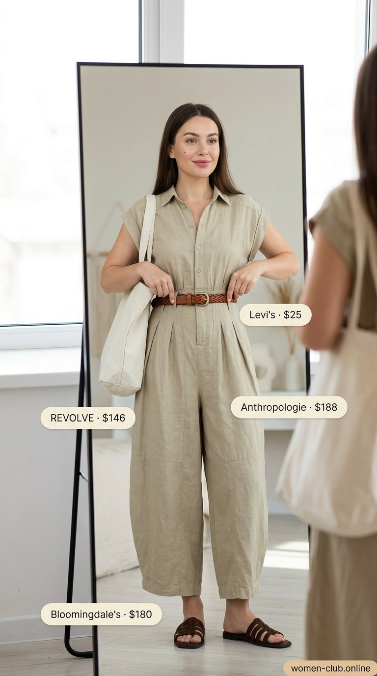 Easygoing khaki neutral summer linen jumpsuit for women 2026, with brown belt, canvas tote, and leather slides.