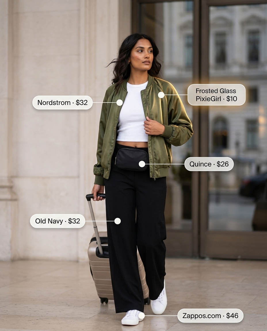 Packable summer road trip outfits for women 2026: Black wide-leg pants, olive satin bomber, graphic tee.