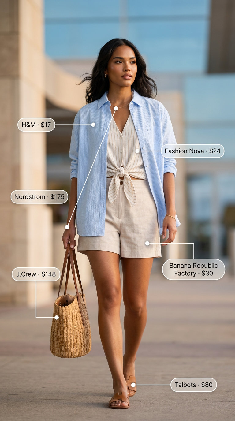 Packable summer road trip outfits for women 2026: Ecru linen shorts, sky blue oversized shirt, straw tote.