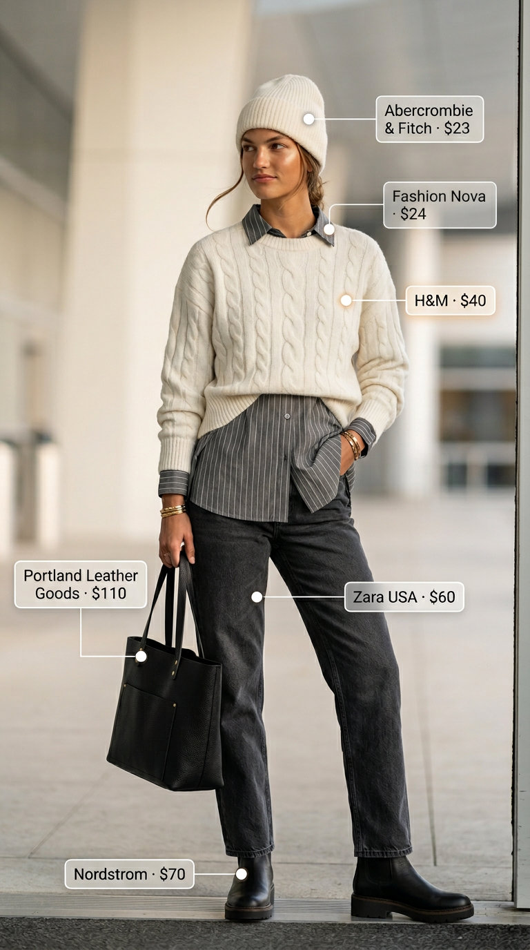 Packable summer road trip outfits for women 2026: Cream sweater, dark wash jeans, Chelsea boots, beanie.