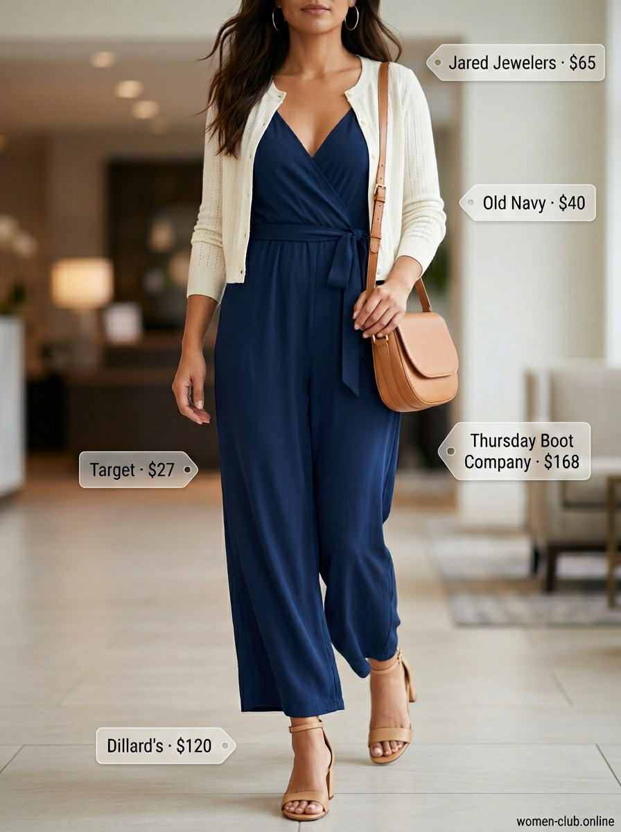Packable summer road trip outfits for women 2026: Navy wide-leg jumpsuit, cropped cardigan, leather sandals.