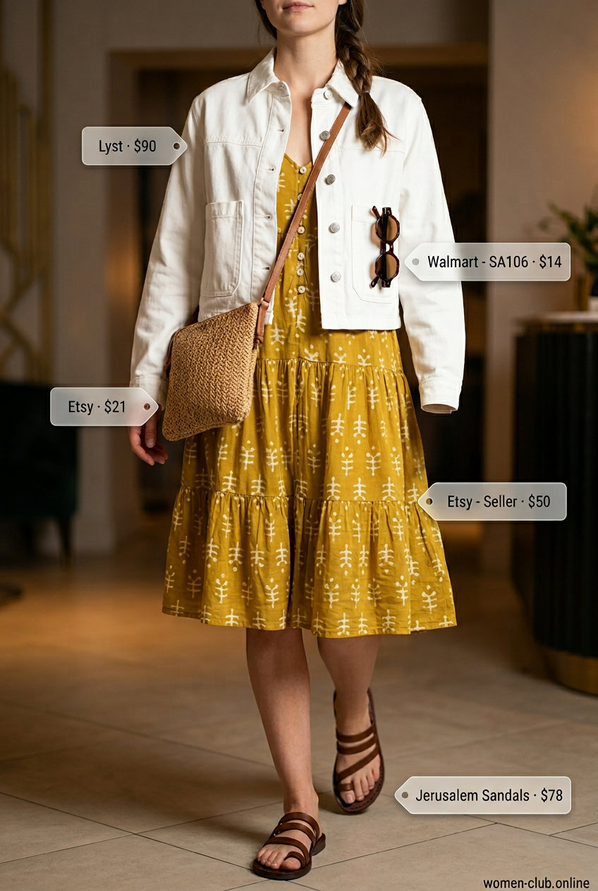 Packable summer road trip outfits for women 2026: Mustard floral sundress, white denim jacket, straw bag.