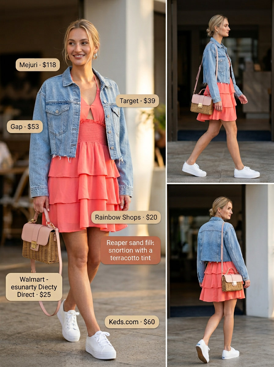 Coral pink sundress, denim jacket, straw bag for packable summer road trip outfits for women 2026.