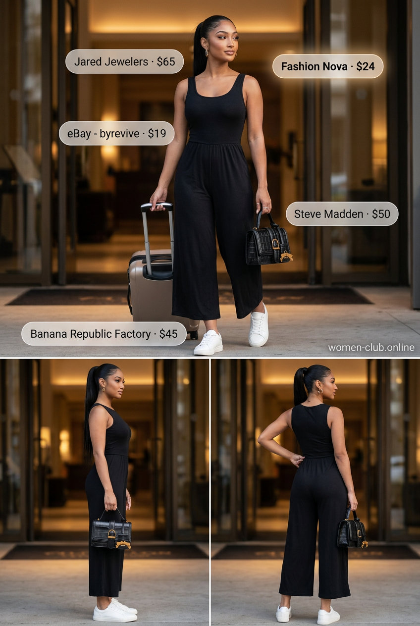 Packable summer road trip outfits for women 2026: Black wide-leg jumpsuit, white sneakers, and gold hoop earrings for city exploration.