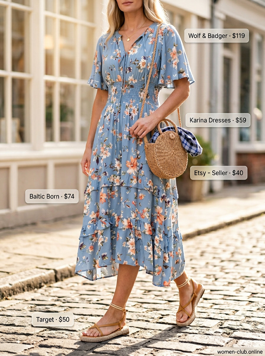 Sky blue floral dress, espadrilles, straw bag for packable summer road trip outfits for women 2026.