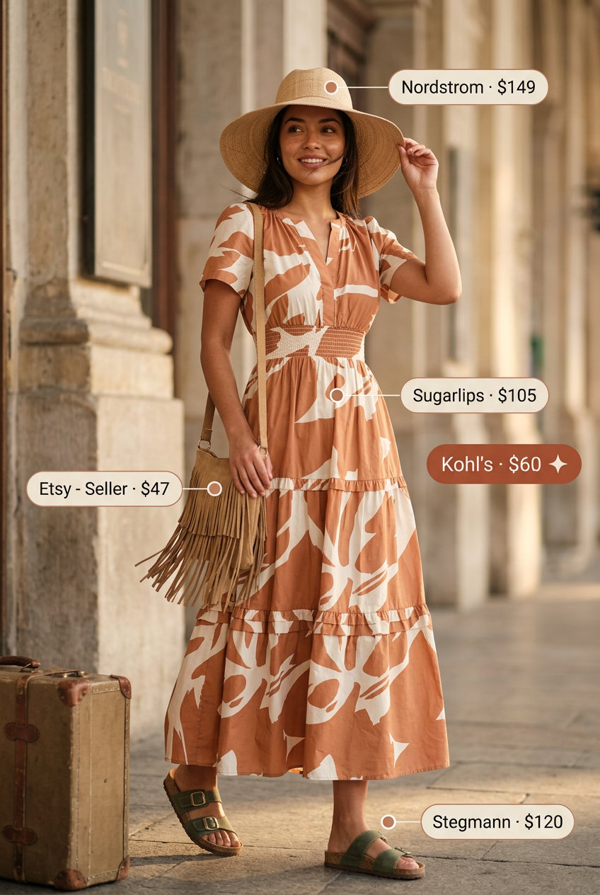 Maxi dress, ankle strap sandals, straw hat for packable summer road trip outfits for women 2026.