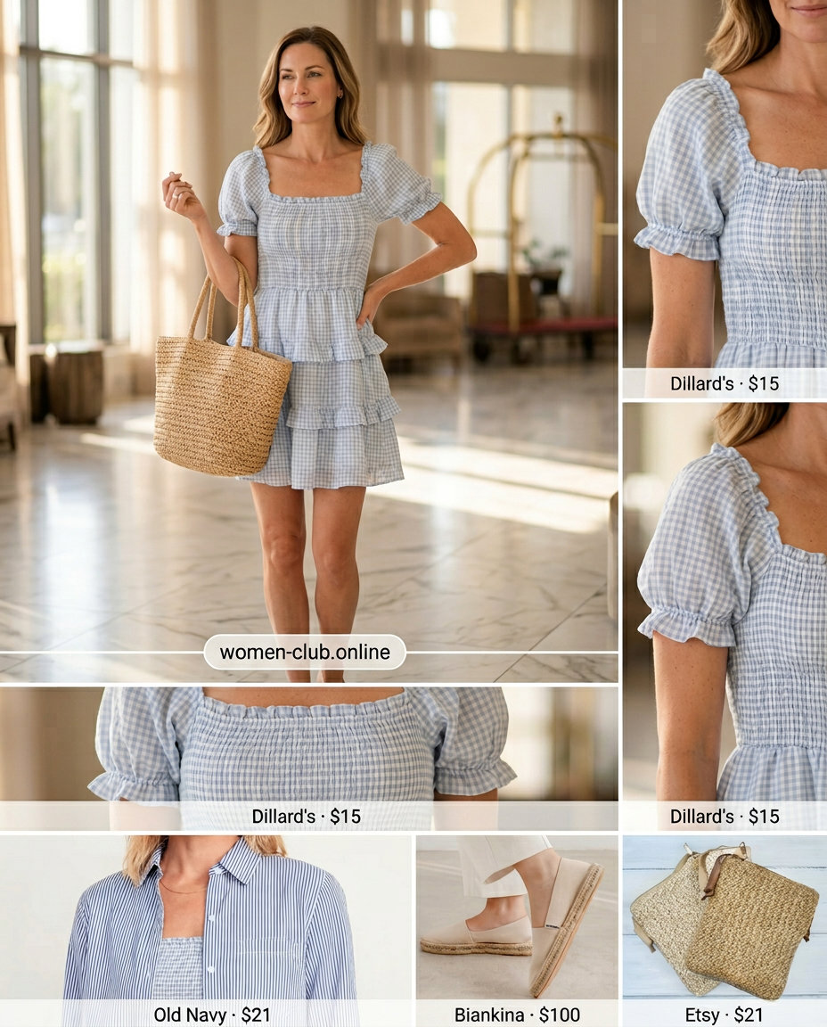 Packable summer road trip outfits for women 2026: Pale blue gingham sundress, straw crossbody, espadrilles, and sun hat for picnics.
