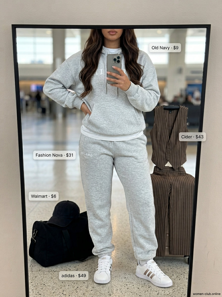 Packable summer road trip outfits for women 2026: Grey matching set, white tee, black cap, and sneakers for comfortable travel.