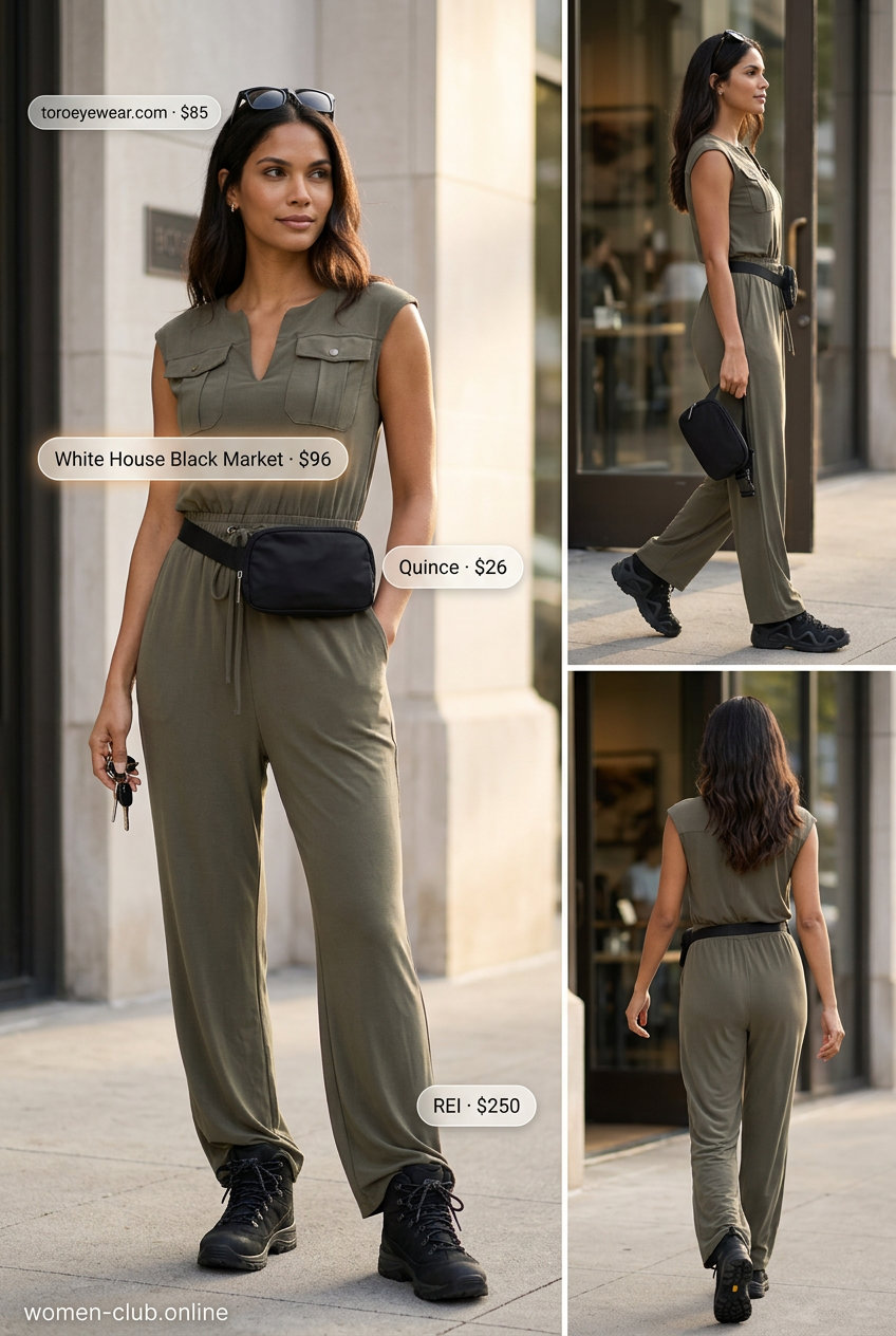 Packable summer road trip outfits for women 2026: Khaki utility jumpsuit, black belt bag, and hiking boots for outdoor adventure.