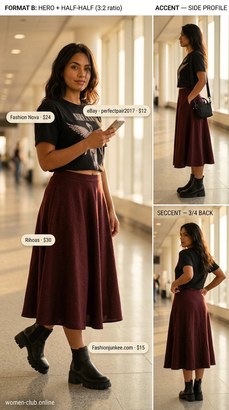 Midi skirt, band tee, boots for packable summer road trip outfits for women 2026.
