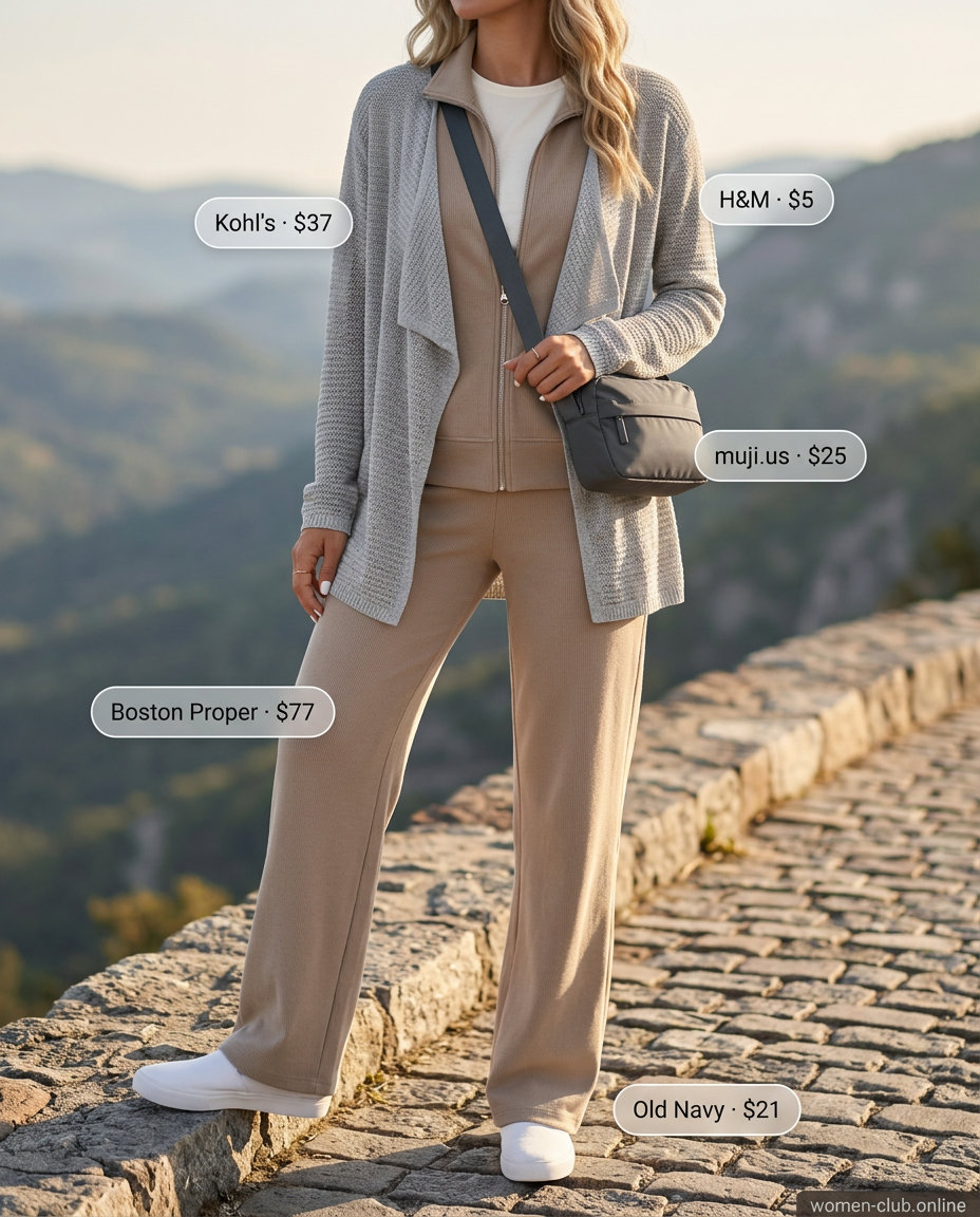 Packable summer road trip outfits for women 2026: Navy wide-leg pants, cream tee, grey cardigan, and slip-on sneakers for travel.
