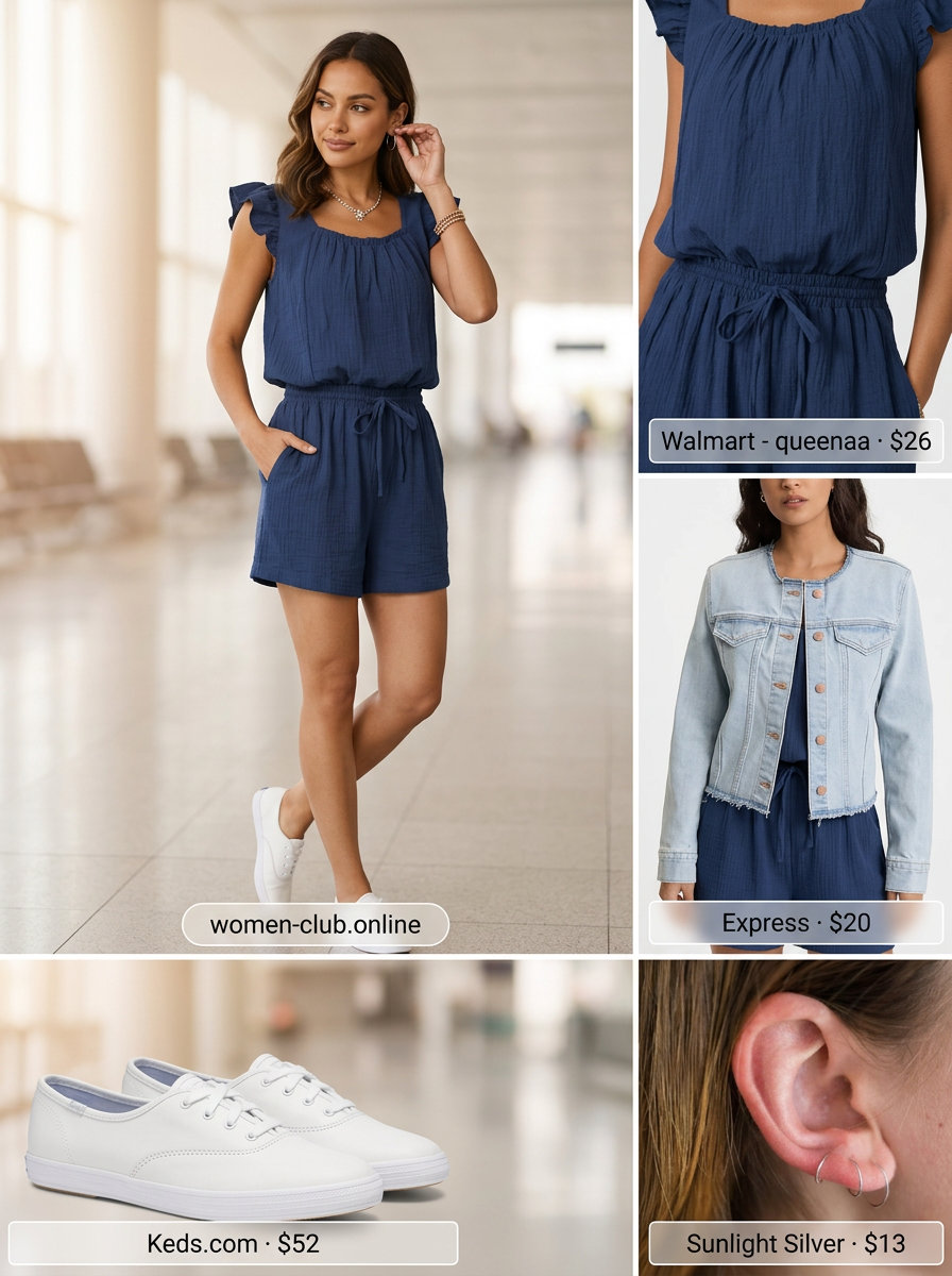 Packable summer road trip outfits for women 2026: Navy romper, denim jacket, canvas tote, and white sneakers for comfortable travel.