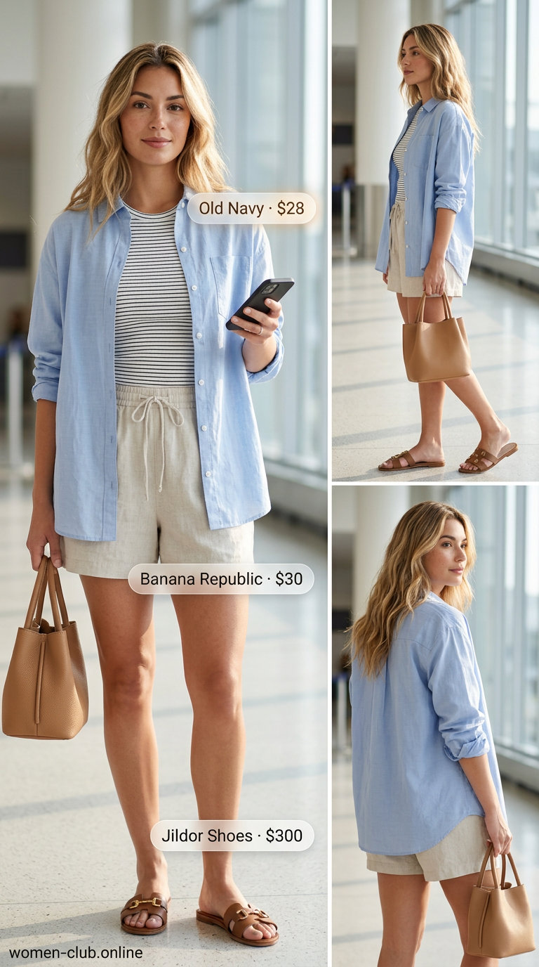 Linen shorts, oversized shirt, straw hat for packable summer road trip outfits for women 2026.