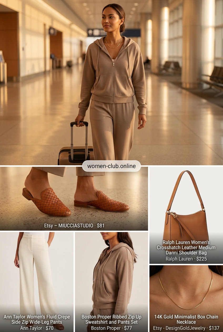 Cream wide-leg set, gold necklaces, leather mules for packable summer road trip outfits for women 2026.