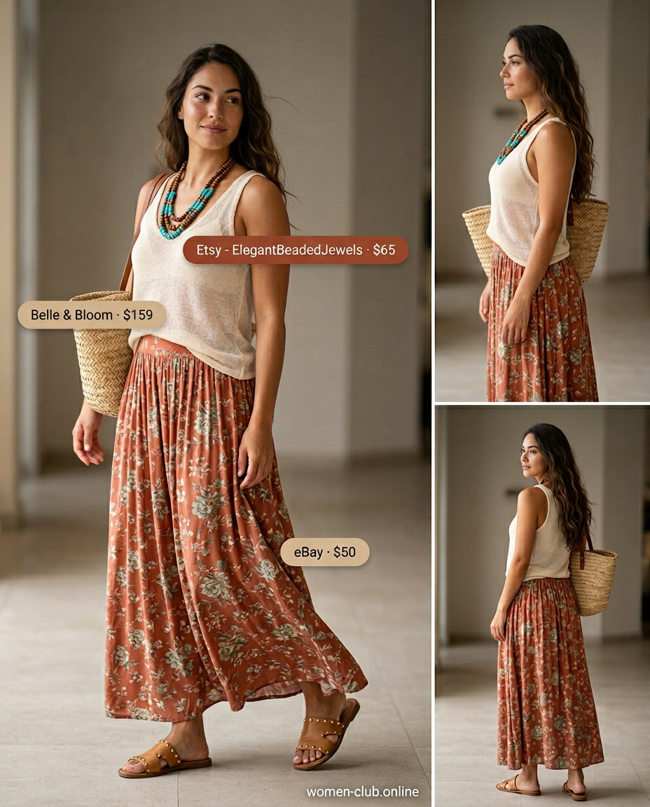 Packable summer road trip outfits for women 2026: Terracotta maxi skirt, cream tank, straw tote, and slide sandals for vacation evenings.