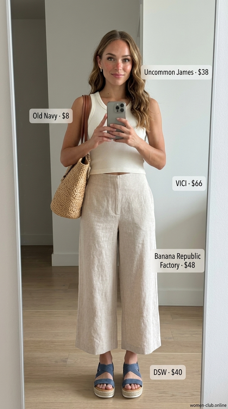 Petite summer cropped pants outfits 2026: Beige midi skirt, white tank, espadrilles. Relaxed beachside style.
