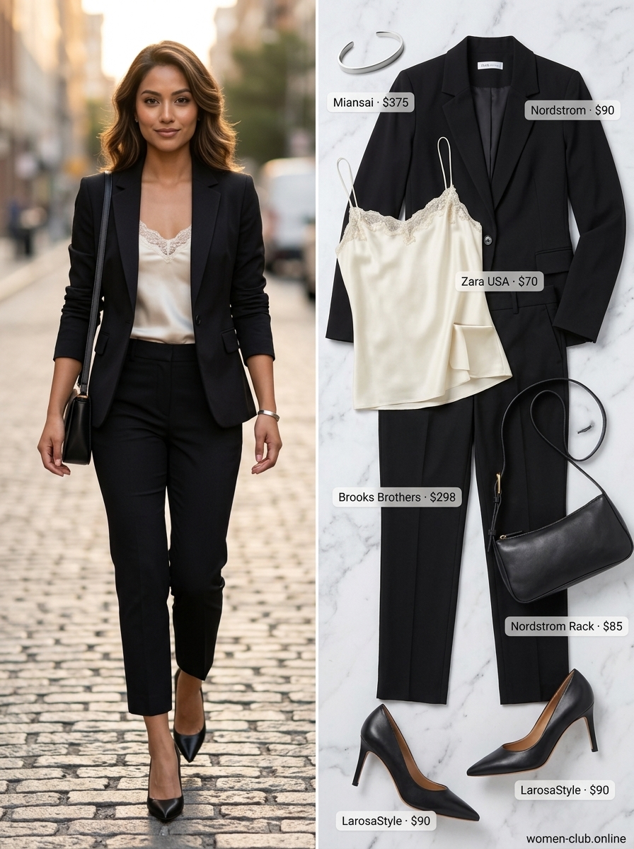 Petite summer cropped pants outfits 2026: Black tailored cropped pants, ivory cami, black blazer for workwear.